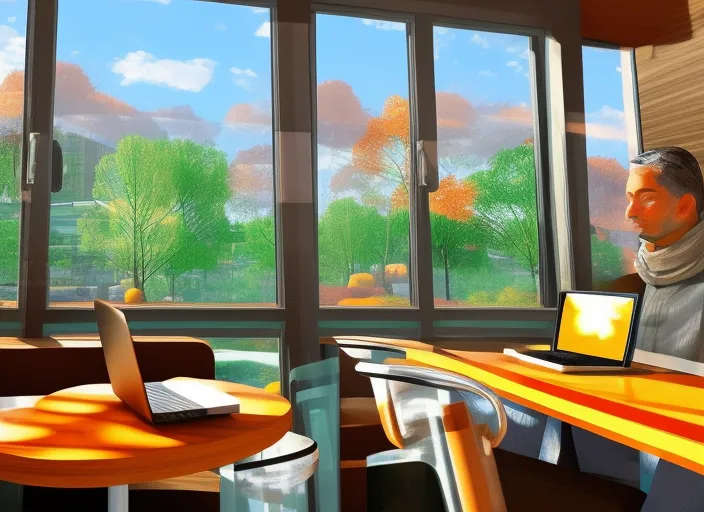 digital art of a person sitting in a café with a laptop Infront of him with a window in the background showing a autumn scenery. digital art of a person sitting in a café with a laptop Infront of him with a window in the background showing a autumn scenery. natural, 3/4 portrait