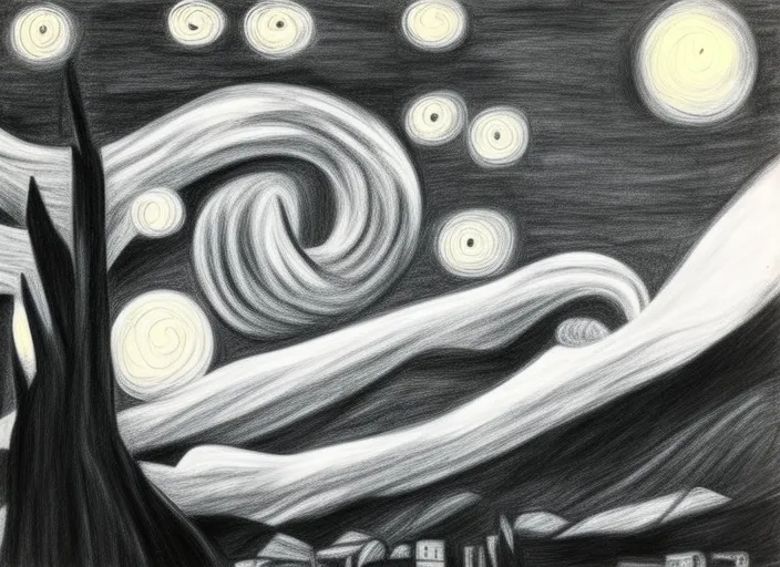 pencil sketch of starry night, black and white, charcoal