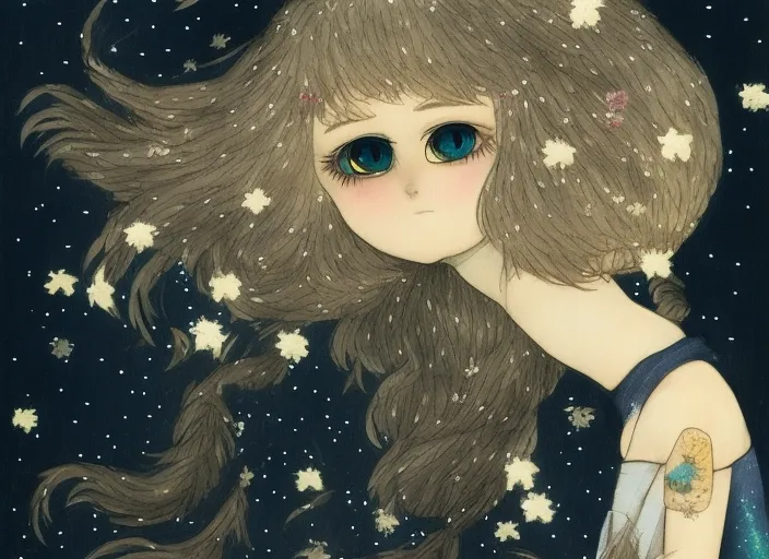 Under the starry sky, a lovely little girl, holding a song of flowers, big eyes, blonde hair. 