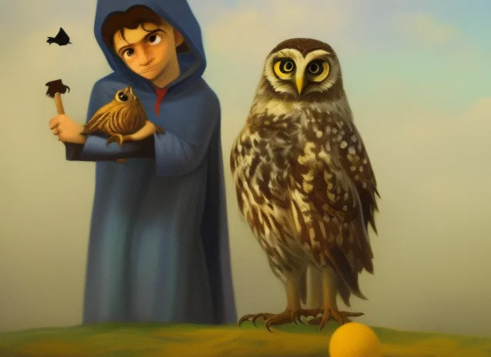 A painting of a teenage wizard and his owl