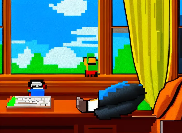 Character sitting and relaxing in front of their work desk in their cozy room as a peaceful scene is seen through the room's window. Smooth Highly detailed masterpiece pixel-art. in the style of Close Highly detailed masterpiece professional artistry Sega, Namco, Neogeo, Capcom artist's Pixel-art. Trending on artstation. Slice-of-life genre art. Balanced colors and lighting scheme by James Gurney and artgerm. In the style of a 'Music to chill/study' to youtube video
