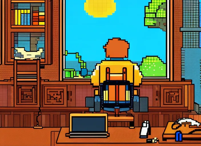 Character sitting and relaxing in front of their work desk in their cozy room as a peaceful scene is seen through the room's window. Smooth Highly detailed masterpiece pixel-art. in the style of Close Highly detailed masterpiece professional artistry Sega, Namco, Neogeo, Capcom artist's Pixel-art. Trending on artstation. Slice-of-life genre art. Balanced colors and lighting scheme by James Gurney and artgerm. In the style of a 'Music to chill/study' to youtube video
