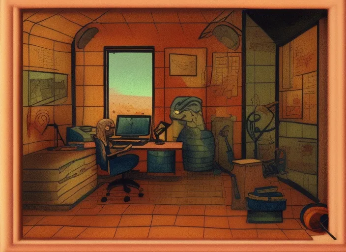 Character sitting and relaxing in front of their work desk in their cozy room as a peaceful scene is seen through the room's window. Smooth Highly detailed masterpiece. In the style of a 'Music to chill/study' to youtube video
