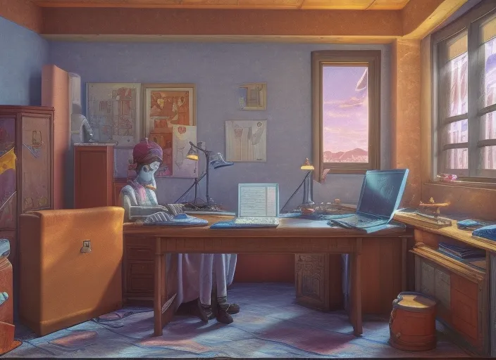 Character sitting and relaxing in front of their work desk in their cozy room as a peaceful scene is seen through the room's window. Smooth Highly detailed masterpiece. In the style of a 'Music to chill/study' to youtube video
