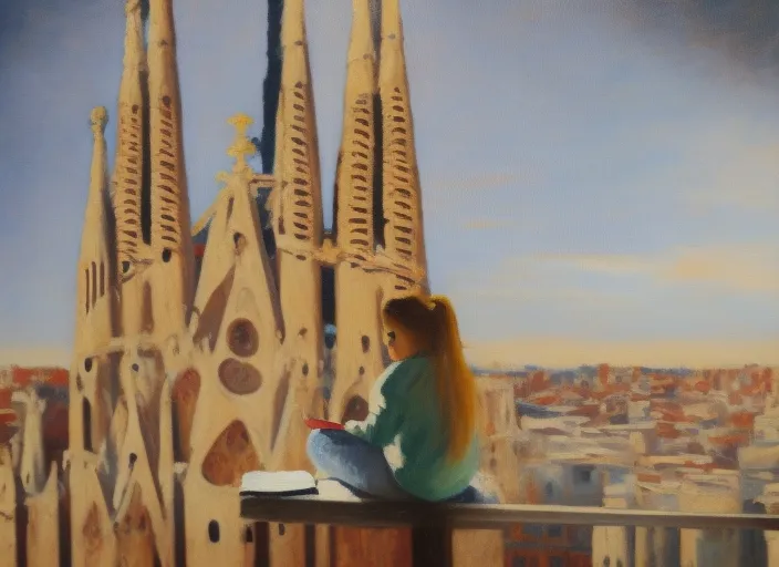 a painting of a girl studying with views of the sagrada familia