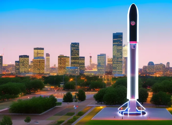 "The sleek metallic rocket rises from the neon-lit cityscape, its engines blazing with a bright orange flame. The skyscrapers of the futuristic metropolis tower over the launchpad, while the flashing lights of drones and flying cars fill the night sky. In the distance, a massive holographic advertisement displays the logo of a powerful corporation, hinting at their role in this cutting-edge technological feat. Despite the advanced technology on display, a feeling of danger and unease hangs over the scene, as the rocket symbolizes the unknown dangers and possibilities of the future.8k"