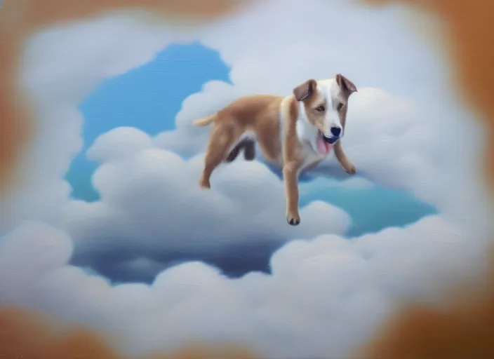 painting of a dog on a cloud