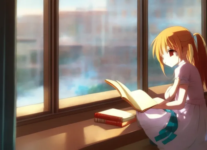 anime girl reading a book next to a window