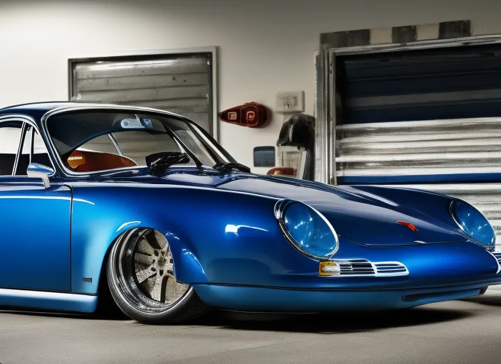 a blue porsche parked in a garage. tire, wheel, vehicle, car, automotive parking light, hood, automotive lighting, automotive tire, motor vehicle, window