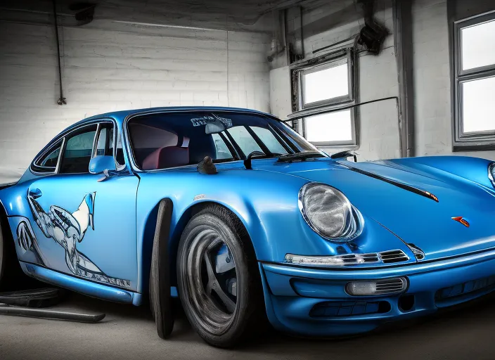 a full blue porsche parked in a garage. view from side, tire, wheel, vehicle, car, automotive parking light, hood, automotive lighting, automotive tire, motor vehicle, window