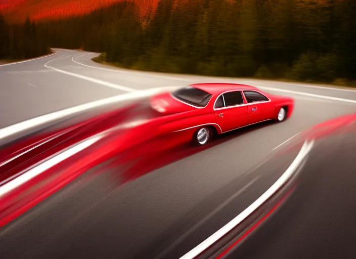 a red sedan driving down the highway