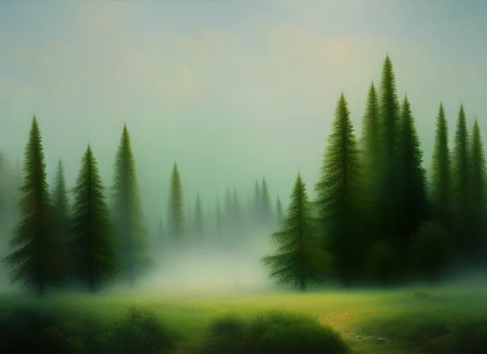 a forest painting with mist over the horizon