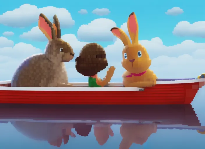 a tooth，a rabbit，they are talking and on the boat with pixel style 