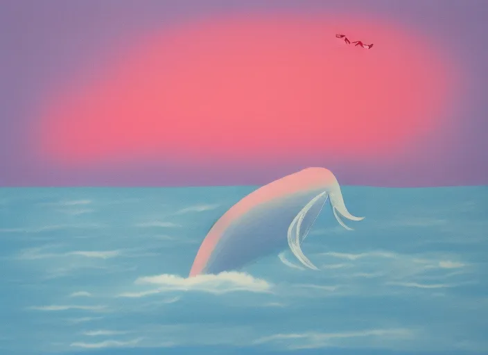 A blonde girl with curly hair was swimming in the sea. The plane flew through the red sky, and then a whale jumped out of the sea