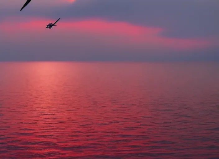 A blonde girl with curly hair was swimming in the sea. The plane flew through the red sky,