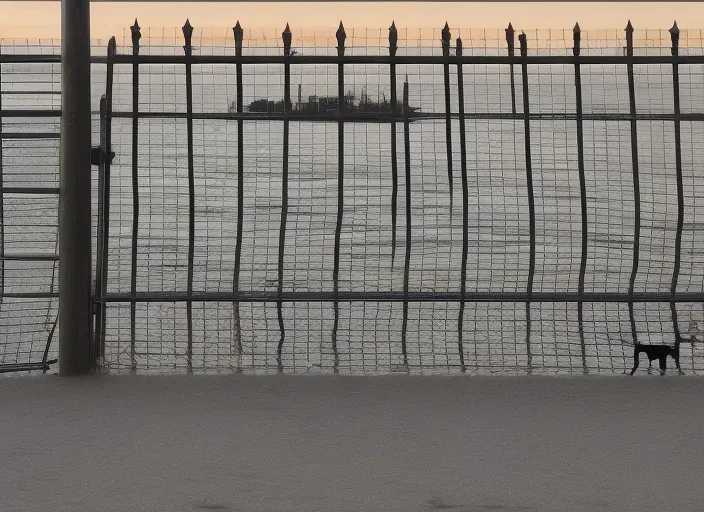 a black dog behind a fence, nearby a pier