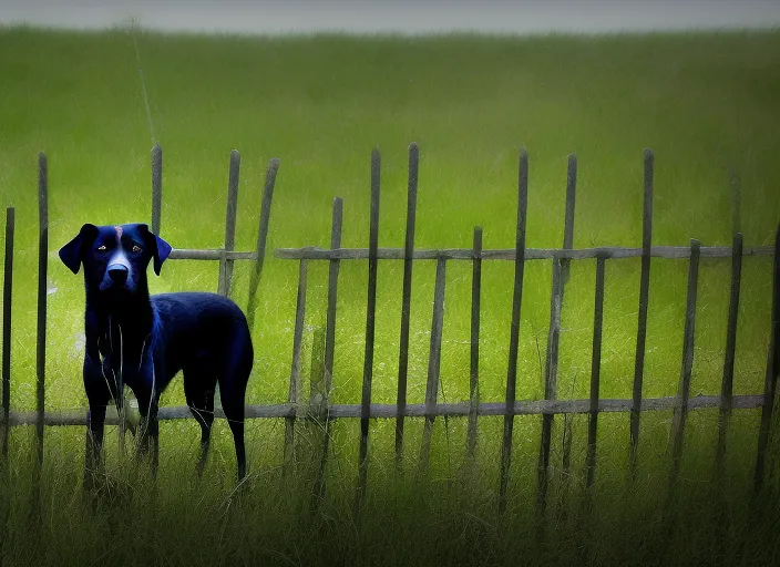 a black dog behind a fence