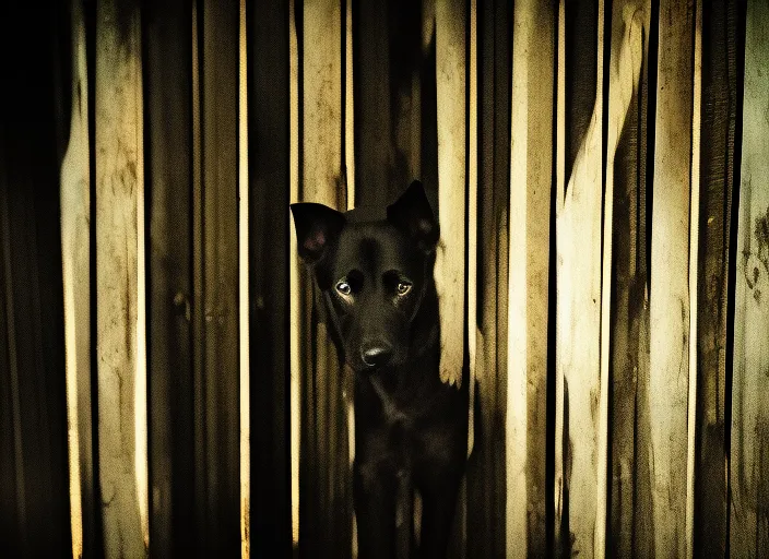 a black dog behind a fence, at night