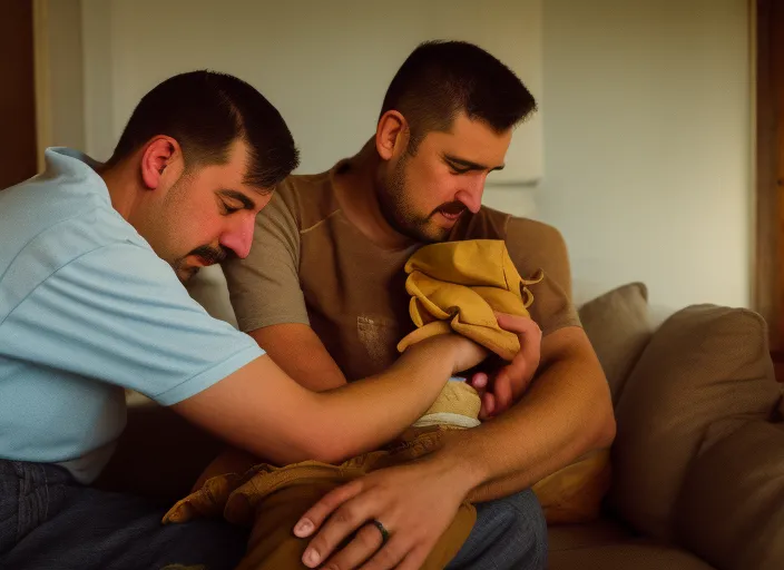 Scenery details: The father saying goodbye to his children, tears streaming down his face.
Landscape details: A small, tidy house, with packed boxes and suitcases in the background.
Lighting details: Soft, warm light from the window, casting golden shadows on the father and children.
Atmosphere details: The feeling of heartbreak and sadness, the overwhelming sense of loss.
Photographer reference: Martin Schoeller.
Photography style: Close-up portraiture, highlighting emotional expressions.