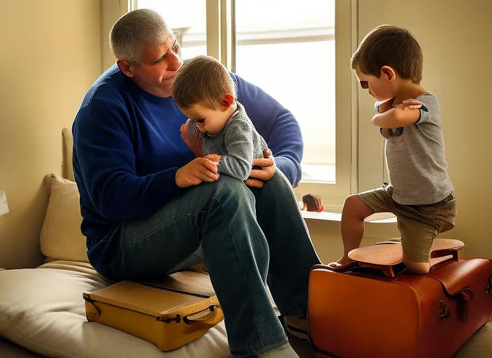 Scenery details: The father saying goodbye to his children, tears streaming down his face.
Landscape details: A small, tidy house, with packed boxes and suitcases in the background.
Lighting details: Soft, warm light from the window, casting golden shadows on the father and children.
Atmosphere details: The feeling of heartbreak and sadness, the overwhelming sense of loss.
Photographer reference: Martin Schoeller.
Photography style: Close-up portraiture, highlighting emotional expressions.