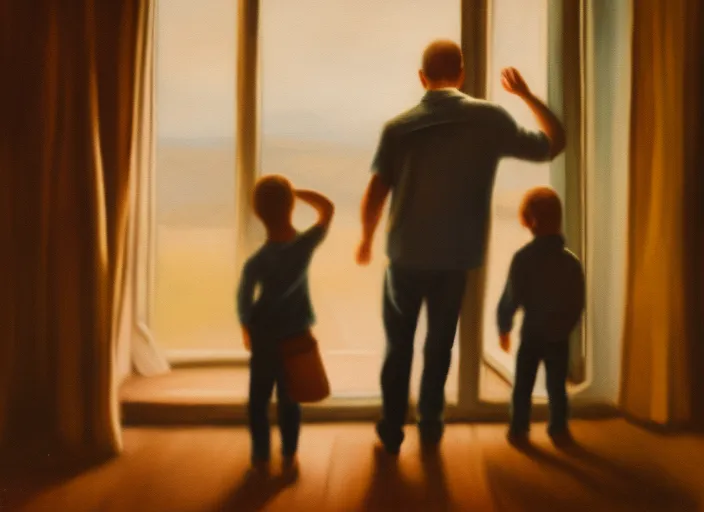 Scenery details: The father saying goodbye to his children, tears streaming down his face.
Landscape details: A small, tidy house, with packed boxes and suitcases in the background.
Lighting details: Soft, warm light from the window, casting golden shadows on the father and children.
Atmosphere details: The feeling of heartbreak and sadness, the overwhelming sense of loss.
