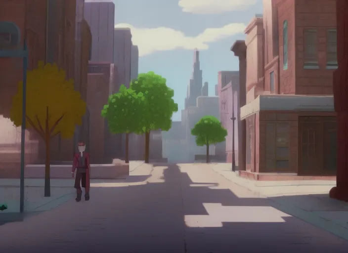 Establishing shot of a city street, with the main character walking down the sidewalk.