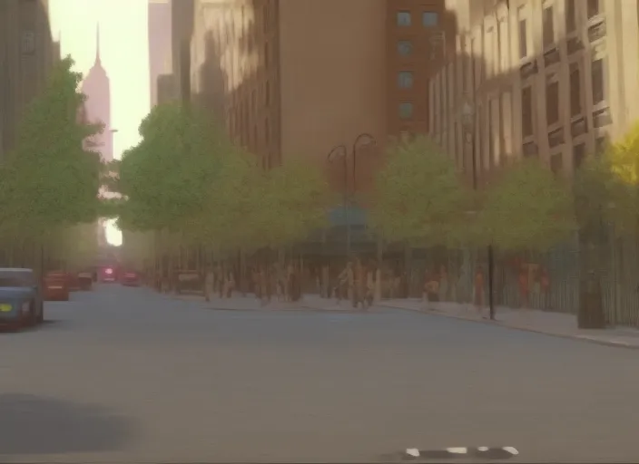 Establishing shot of a city street, with the main character walking down the sidewalk. of what looks like nyc