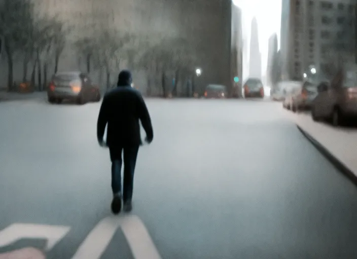 Establishing shot of a city street, with the main character walking down the sidewalk. of what looks like nyc