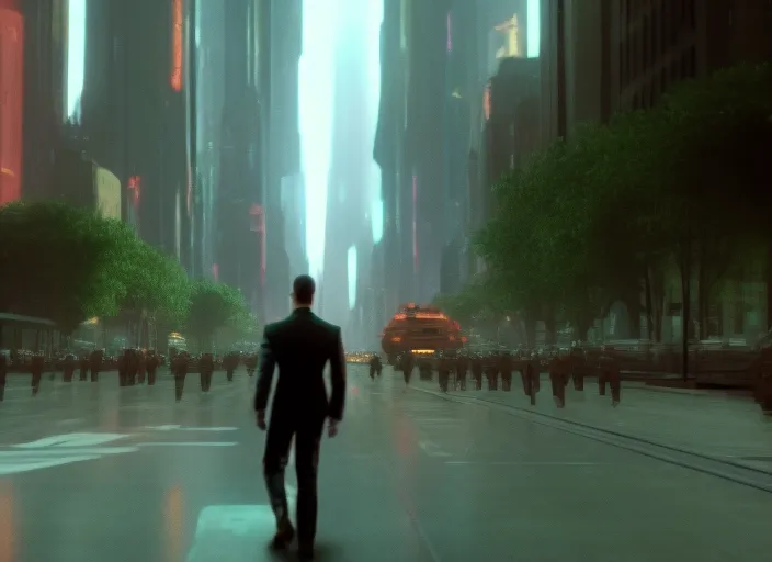 Establishing shot of a city street, with the main character walking down the sidewalk. of what looks like nyc in future 2050