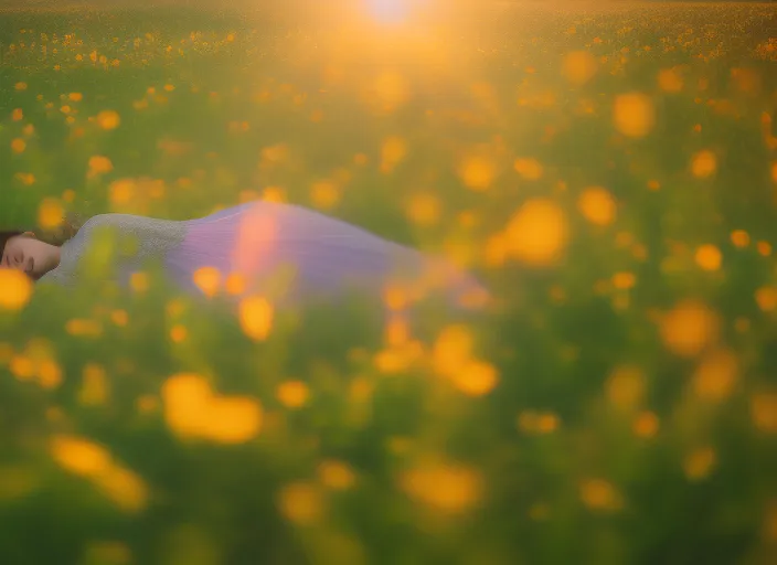 A shot of a person lying in a field of flowers, with the sun shining down and creating a soft, diffuse light.