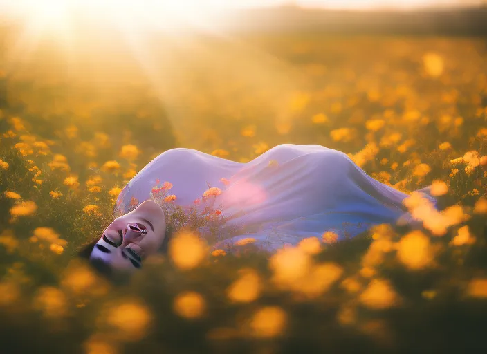 A shot of a person lying in a field of flowers, with the sun shining down and creating a soft, diffuse light.