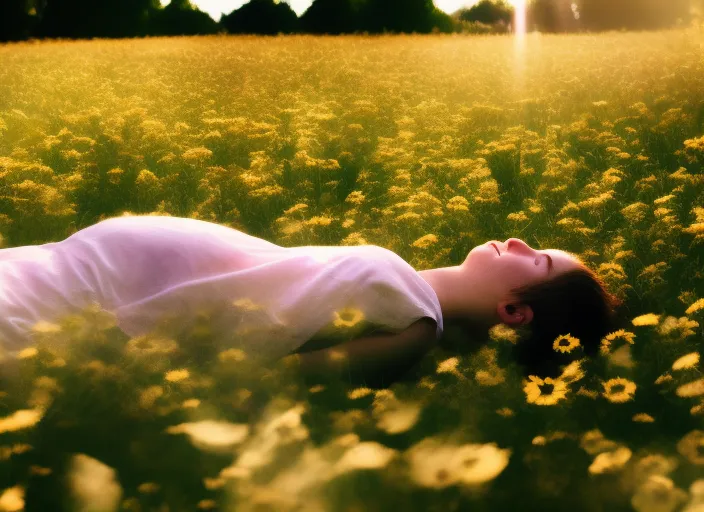 A shot of a person lying in a field of flowers, with the sun shining down and creating a soft, diffuse light.