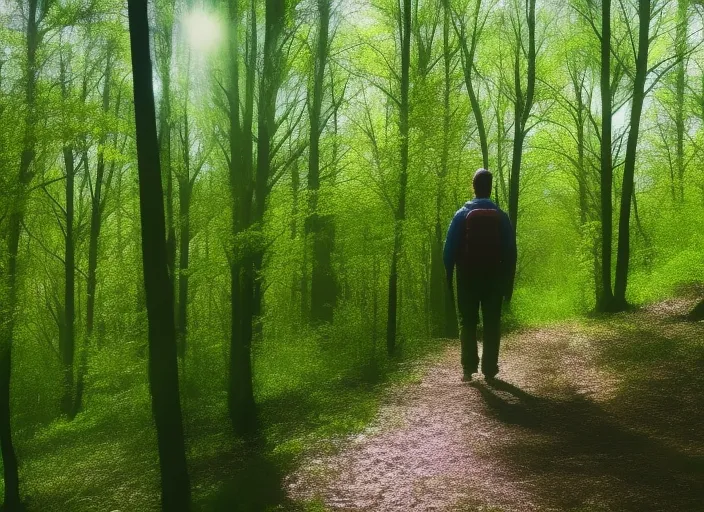 A forest walk in tranquility – Forrest. Fade in to a shot of a person walking through a forest, surrounded by tall trees and lush vegetation. The camera follows the person as they walk, capturing the beauty of the forest and the sounds of nature