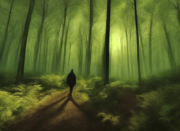 A forest walk in tranquility – Forrest. Fade in to a shot of a person walking through a forest, surrounded by tall trees and lush vegetation. The camera follows the person as they walk, capturing the beauty of the forest and the sounds of nature