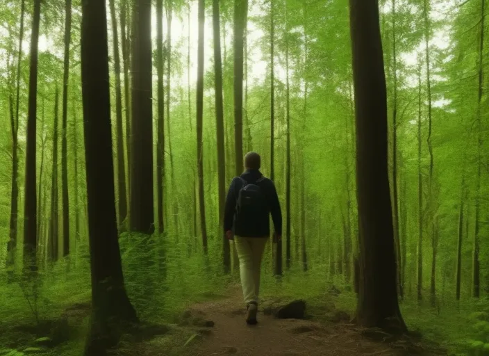 A forest walk in tranquility – Forrest. Fade in to a shot of a person walking through a forest, surrounded by tall trees and lush vegetation. The camera follows the person as they walk, capturing the beauty of the forest and the sounds of nature