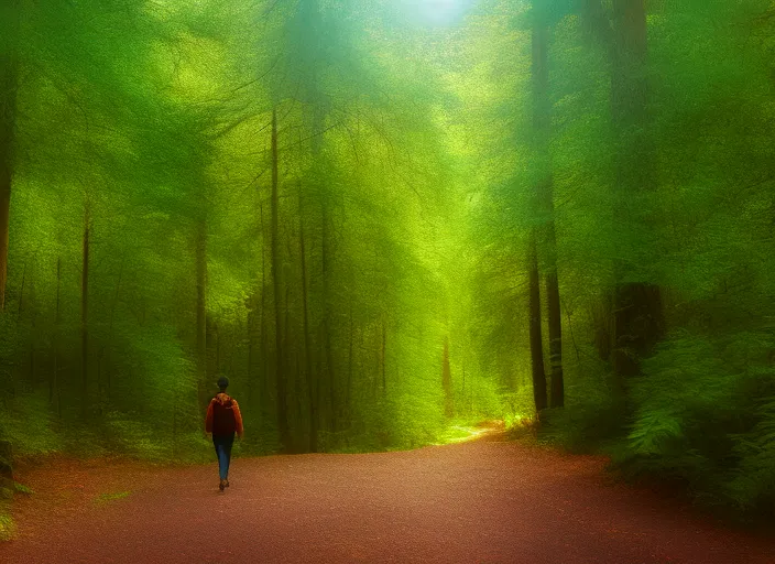 A forest walk in tranquility – Forrest. Fade in to a shot of a person walking through a forest, surrounded by tall trees and lush vegetation. 