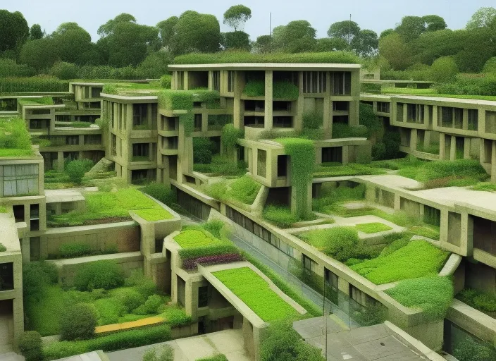 brutalist futuristic aztec structures manicured garden