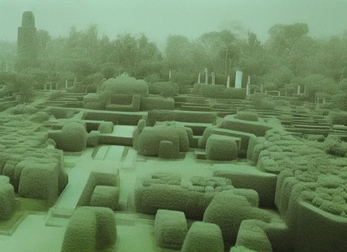 brutalist futuristic aztec structures manicured garden