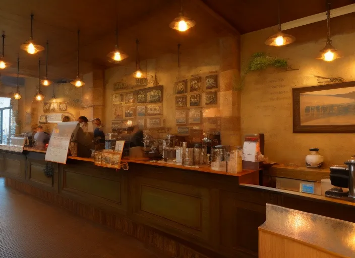 Coffee shop in French country style, with a warm and cozy interior, elegant chandeliers, vintage paintings on the walls, a long wooden counter with a coffee machine and various coffee beans, --ar 16:9 --v 4