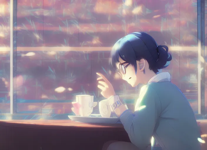 cute girl in blue sweater black hair black wayfarer glasses sitting psychedelic patterns inside cafe drinking coffee with background by greg rutkowski makoto shinkai kyoto animation key art feminine mid shot