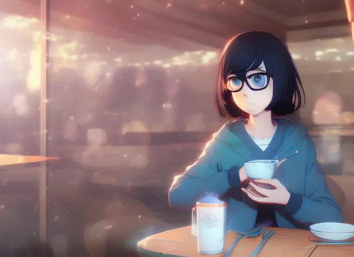 cute girl in blue sweater black hair black wayfarer glasses sitting psychedelic patterns inside cafe drinking coffee with background by greg rutkowski makoto shinkai kyoto animation key art feminine mid shot add an inky background and make her green