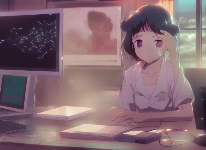 Create a high resolution artwork of Anime Girl is programming at a computer in a room full of gadgets, web developer, by makoto shinkai and ghibli studio, outlined silhouettes, dramatic lighting, highly detailed, incredible quality, trending on artstation, masterpiece, 8k