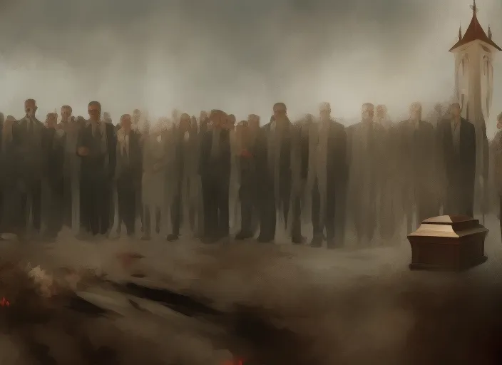 Funeral ceremony in slavic village, coffin, death,  chtonic, monocrhome, dark art, necrorealistic, horror realistic, 4k, high resolution