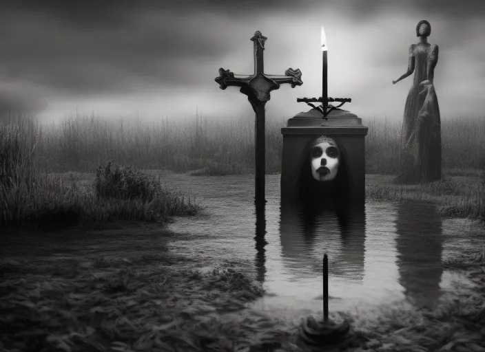 “Death in Slavic village, coffin, candle , death, orthodox, swamp, chtonic, monocrhome, dark art, necrorealistic, horror realistic, 4k, high resolution. Have it be in funeral black and white”