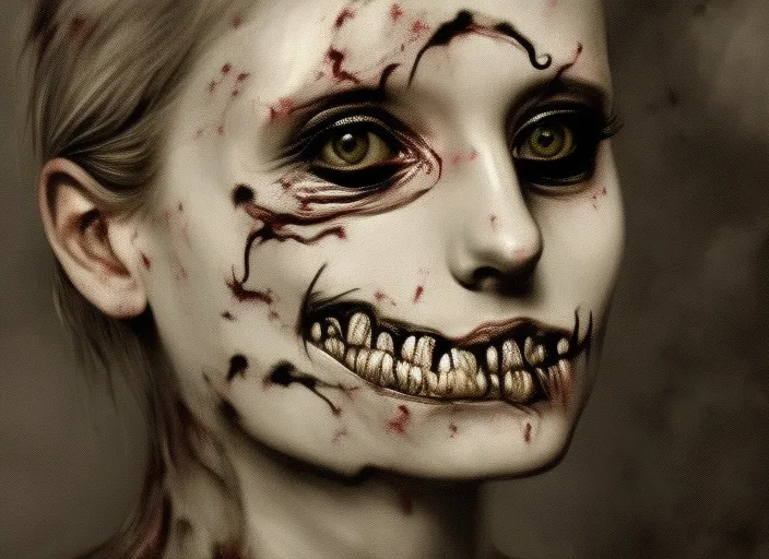 “Rotting Face, Black Eyes, and Eaten Face by Worms,Horror Art by Monochrome, Schizophrenia by Illness, in the Style of an Identikit by 4k, High Resolution, and Dark Art by David Woolley. darken his skin and eyes, make her look cadaverous, witchcraft death, lovecraft madness

