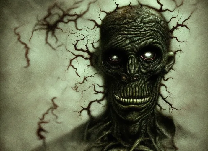 “Rotting Face, Black empty Eyeinds, witchcraft, lovecraft face eaten by worms,Horror Art by Monochrome, Schizophrenia by Illness, in the Style of an Identikit by 4k, High Resolution, and Dark Art by David Woolley. darken his skin and eyes, make him look cadaverous, witchcraft death, lovecraft madness”