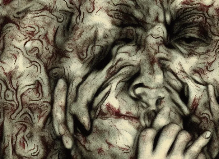 “Rotting Face, Black empty Eyeinds, witchcraft, lovecraft face eaten by worms,Horror Art by Monochrome, Schizophrenia by Illness, in the Style of an Identikit by 4k, High Resolution, and Dark Art by David Woolley. darken his skin and eyes, witchcraft death, lovecraft madness”
