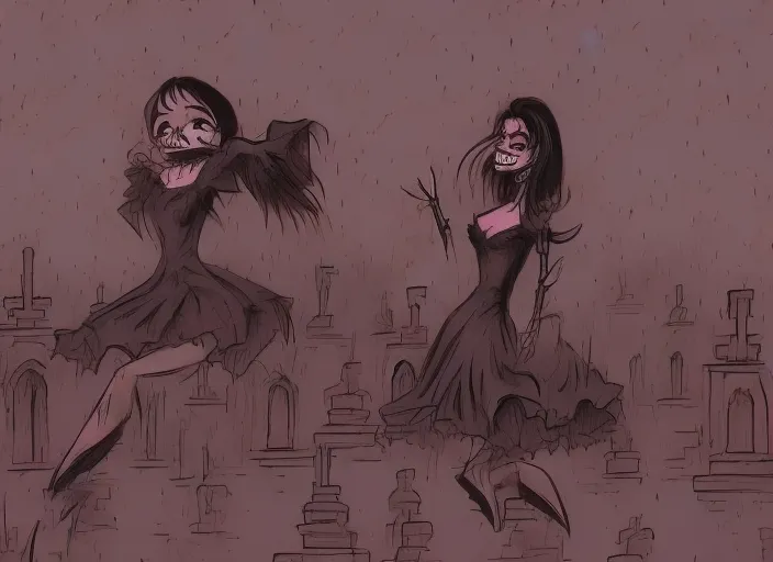  lady vampire dancing in  graveyard background  hand draw style