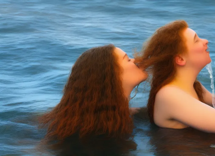 woman kissing another woman, young, long hair, water waving, appropriate