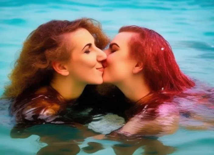 woman kissing another woman in water, cute,